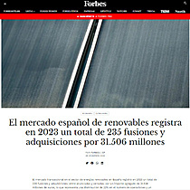 El mercado espaol de renovables registra en 2023 un total de 235 fusiones y adquisiciones por 31.506 millones